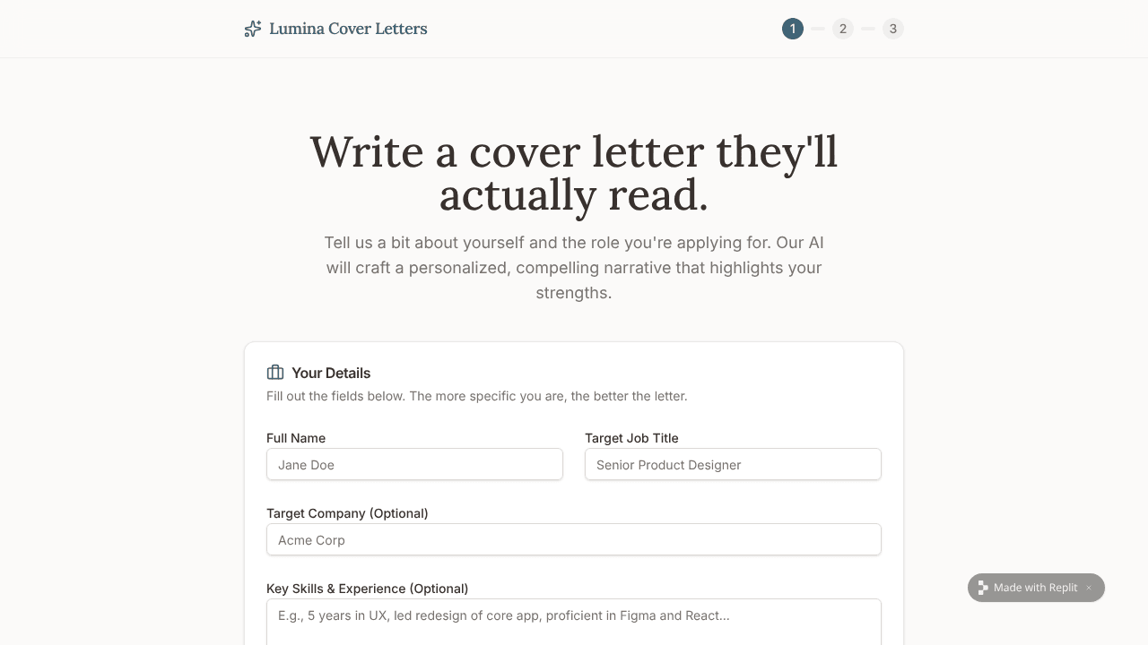 Lumina Cover Letters