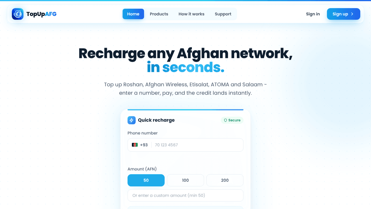 Recharge any Afghan network, in seconds.