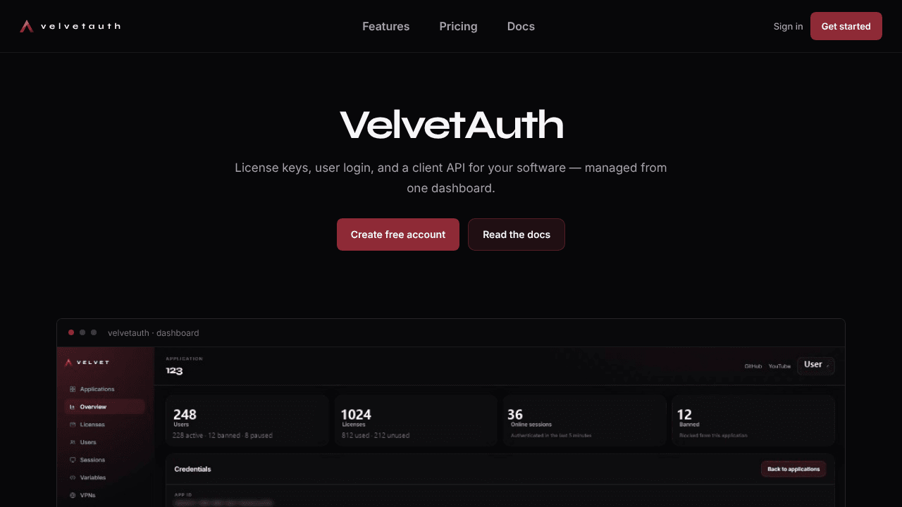 VelvetAuth — License keys & user auth
