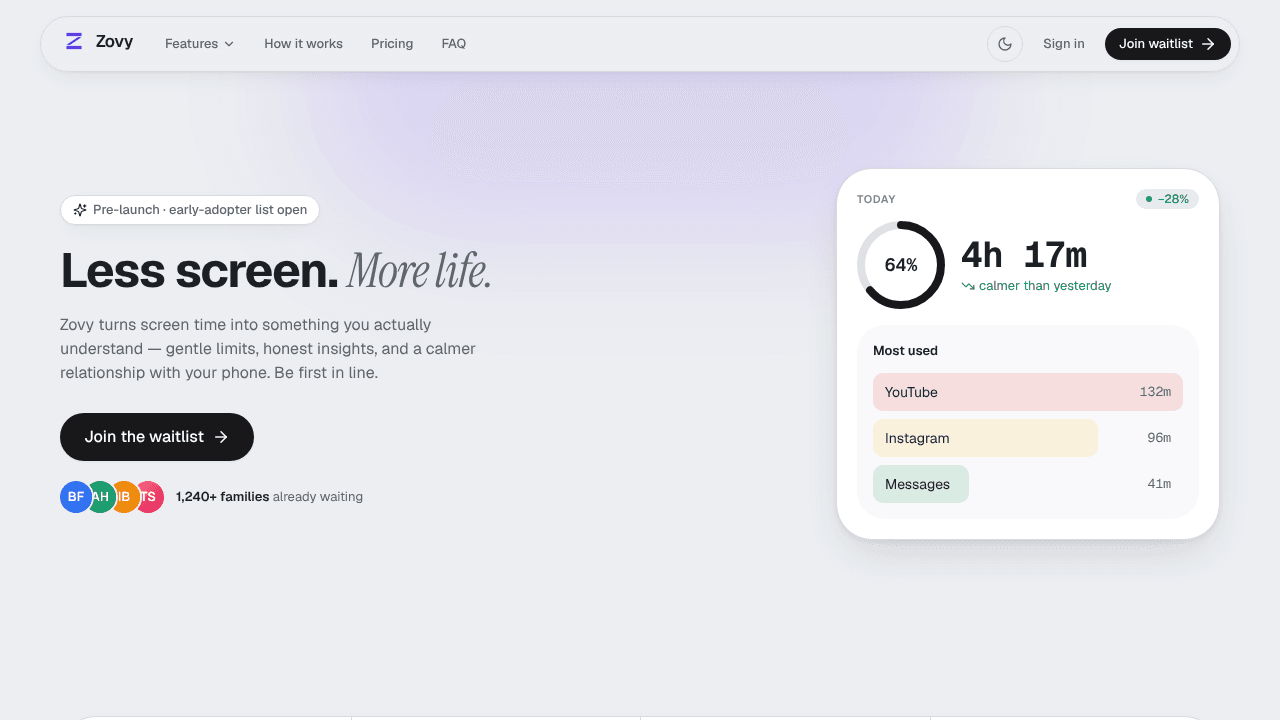 Zovy — Less screen, more life.