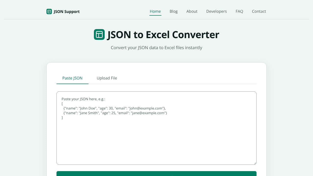 JSON to Excel Converter website screenshot