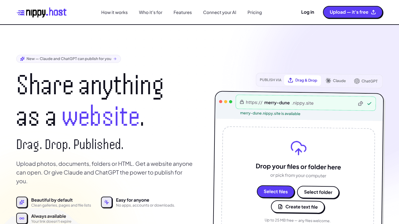 Nippy.host - Let Claude and ChatGPT publish real websites website screenshot