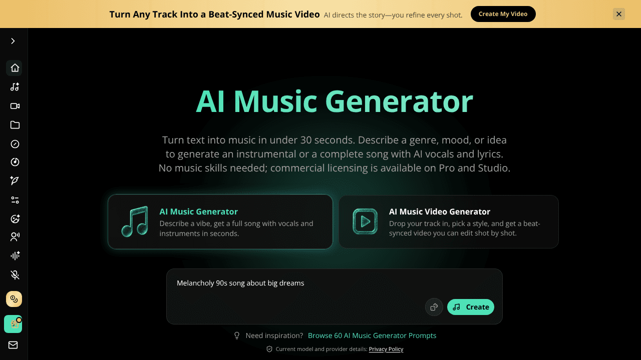 AI Music Generator website screenshot