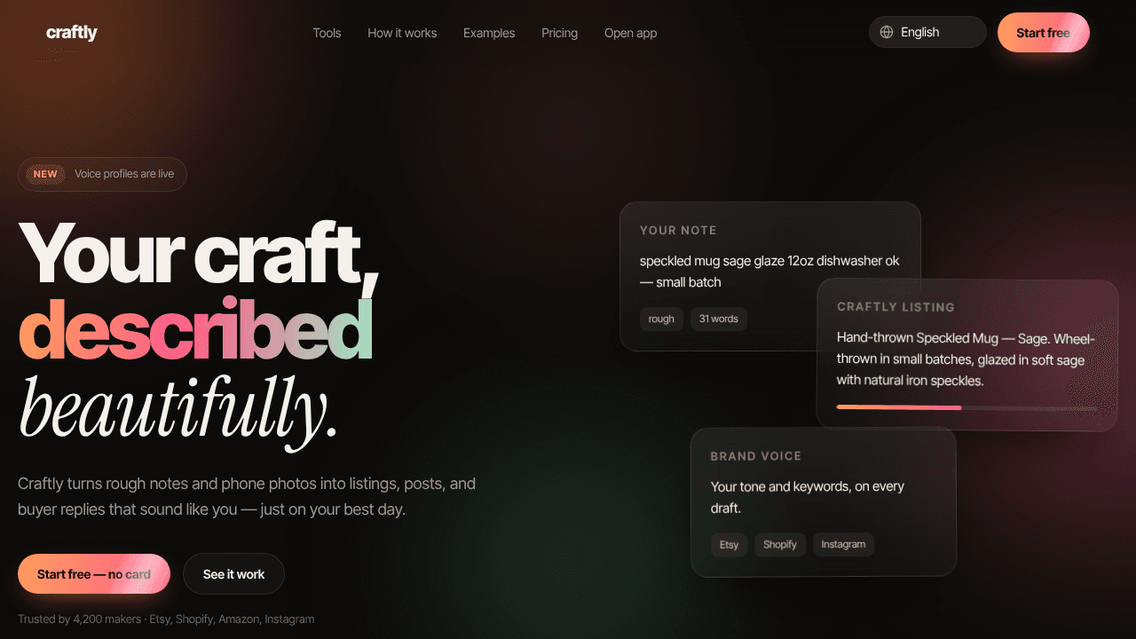 Craftly — AI tools for e-commerce sellers website screenshot