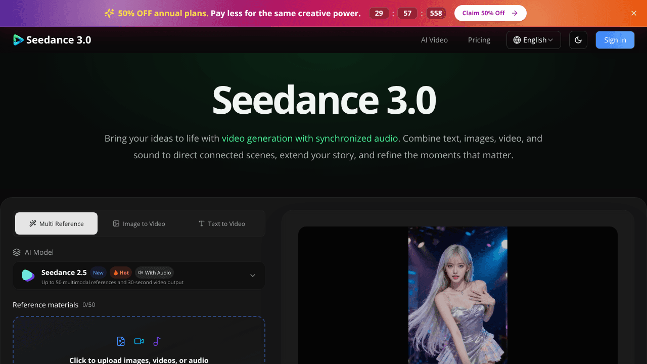 Seedance 3.0 website screenshot