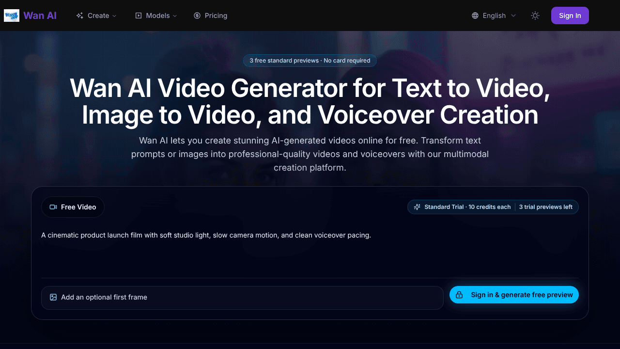 Wan AI Video Generator website screenshot