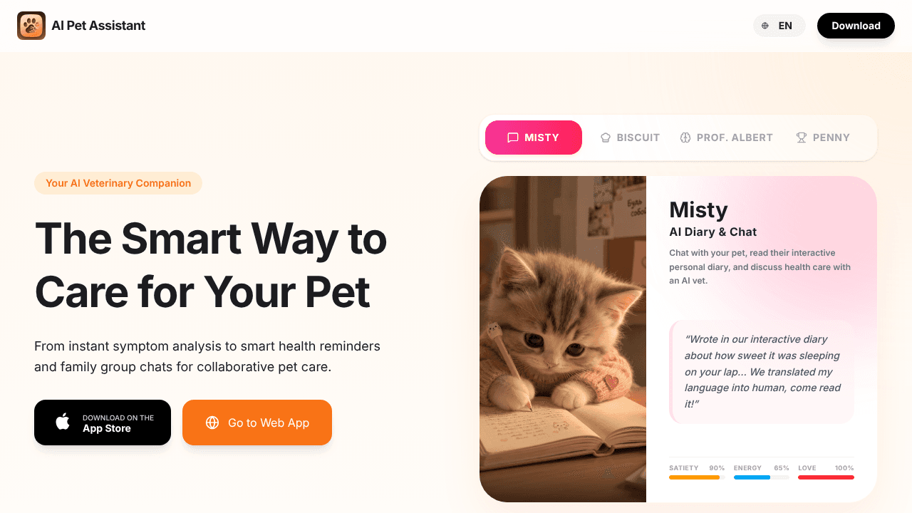 AI Pet Assistant website screenshot