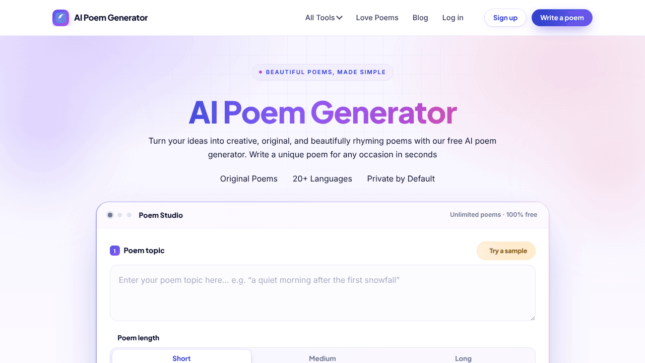 AI Poem Generator website screenshot