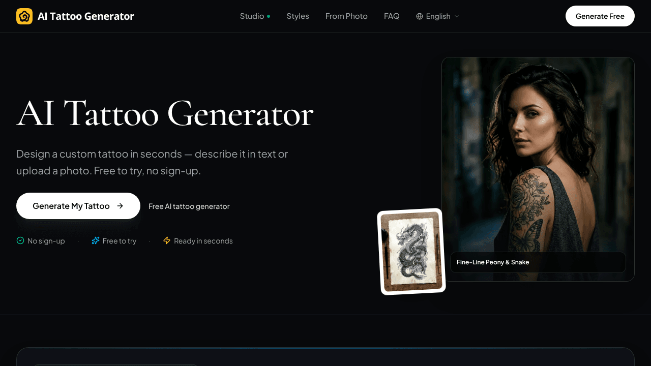 AI Tattoo Generator website screenshot