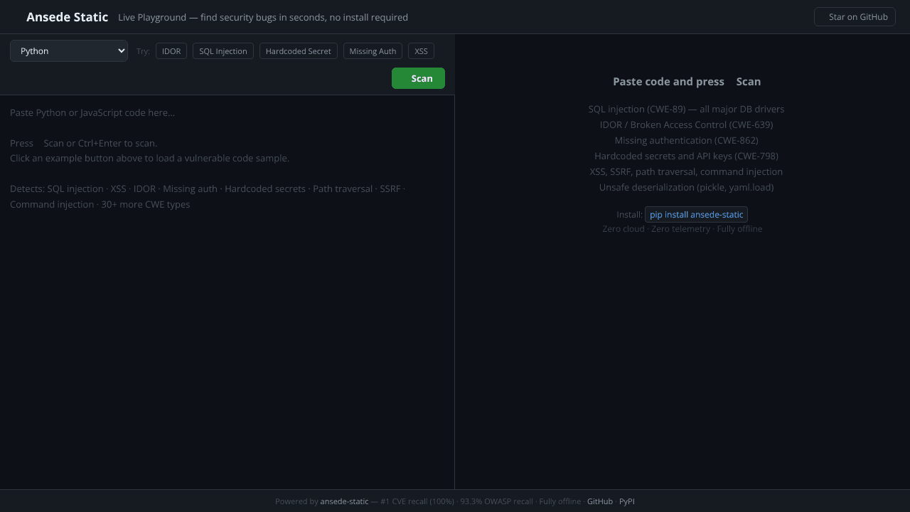 Ansede. Live Security Scanner Playground
