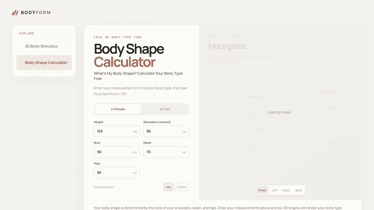 Body Shape Calculator |Body Type in 3D website screenshot