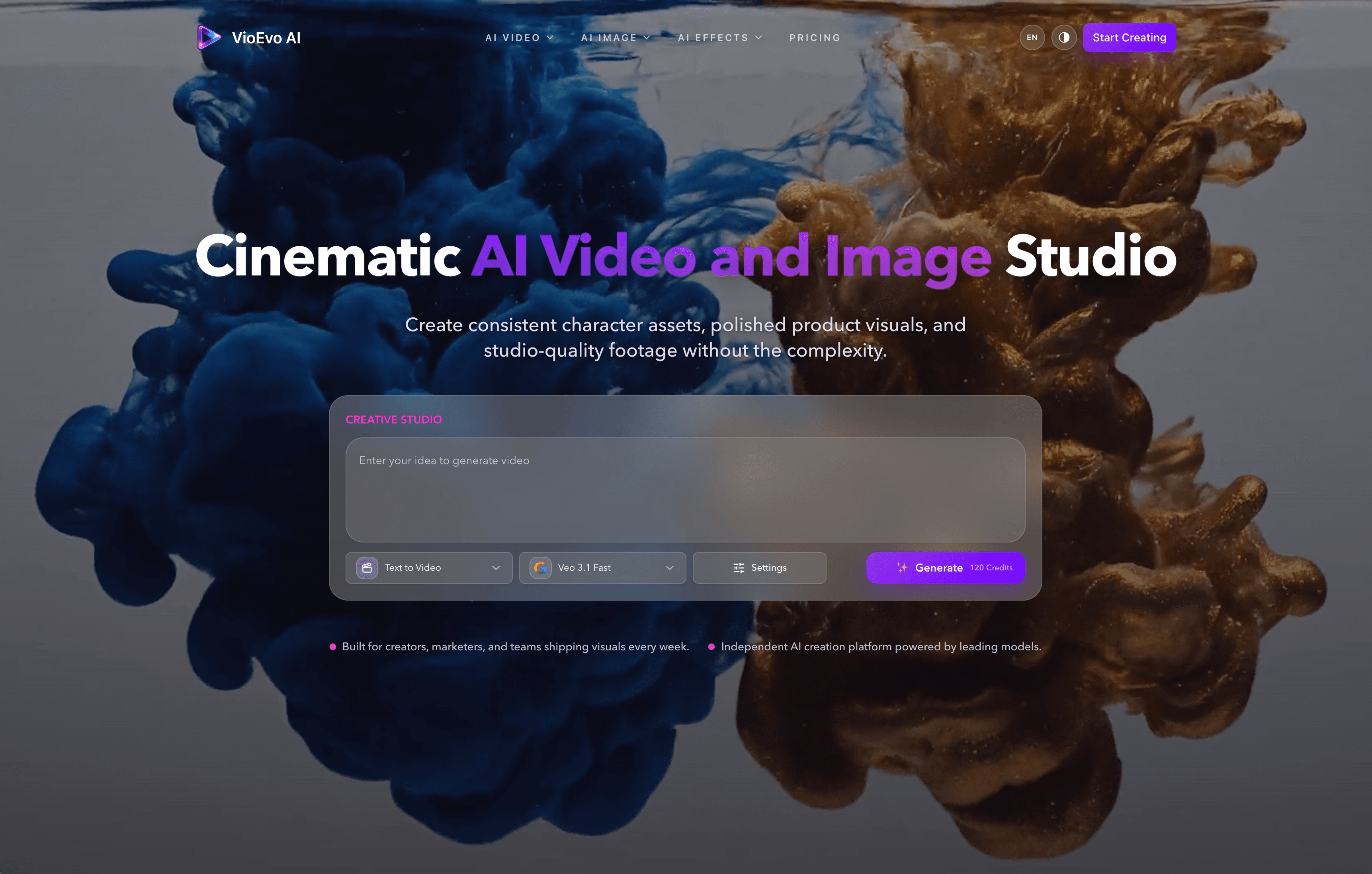 Cinematic AI Video and Image Studio website screenshot