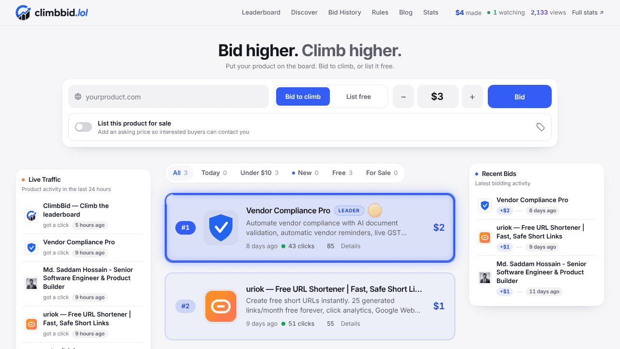 ClimbBid website screenshot