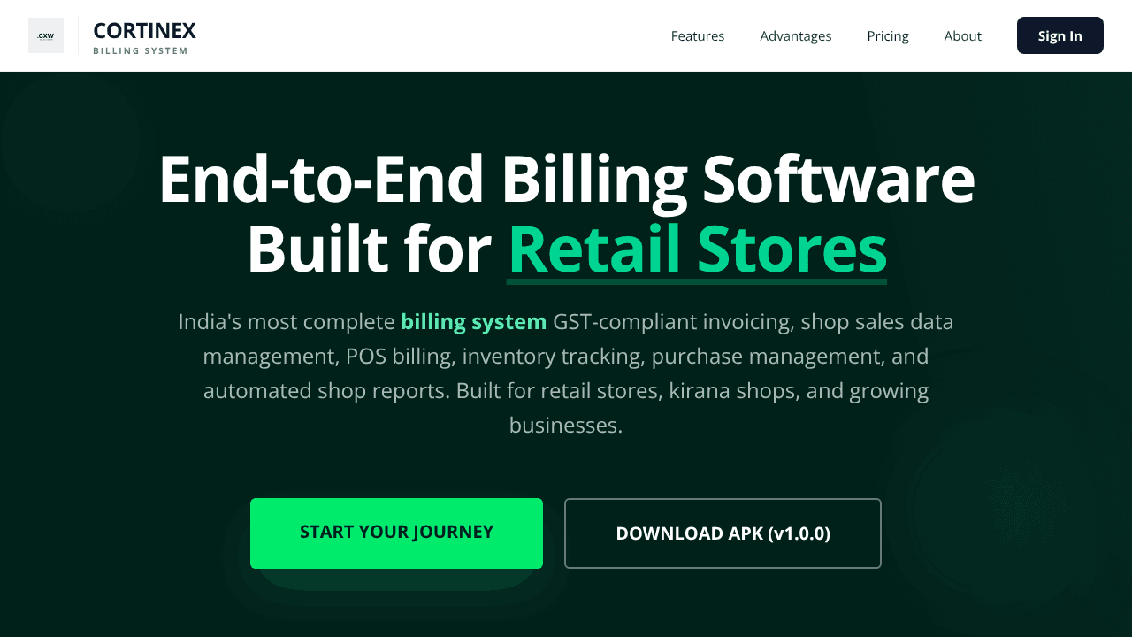 Cortinex Billing System website screenshot