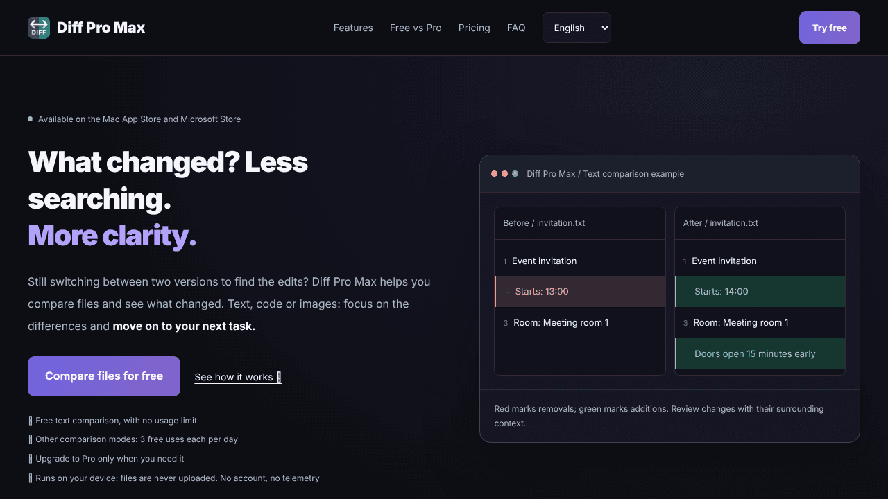 Diff Pro Max - File Compare website screenshot