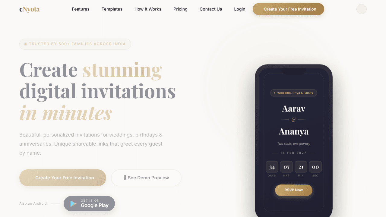 eNyota — Beautiful Digital Invitations website screenshot