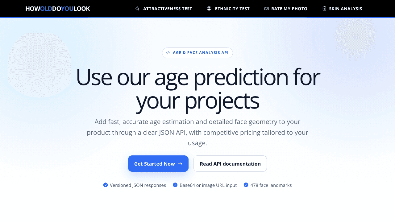 Facial analysis API website screenshot