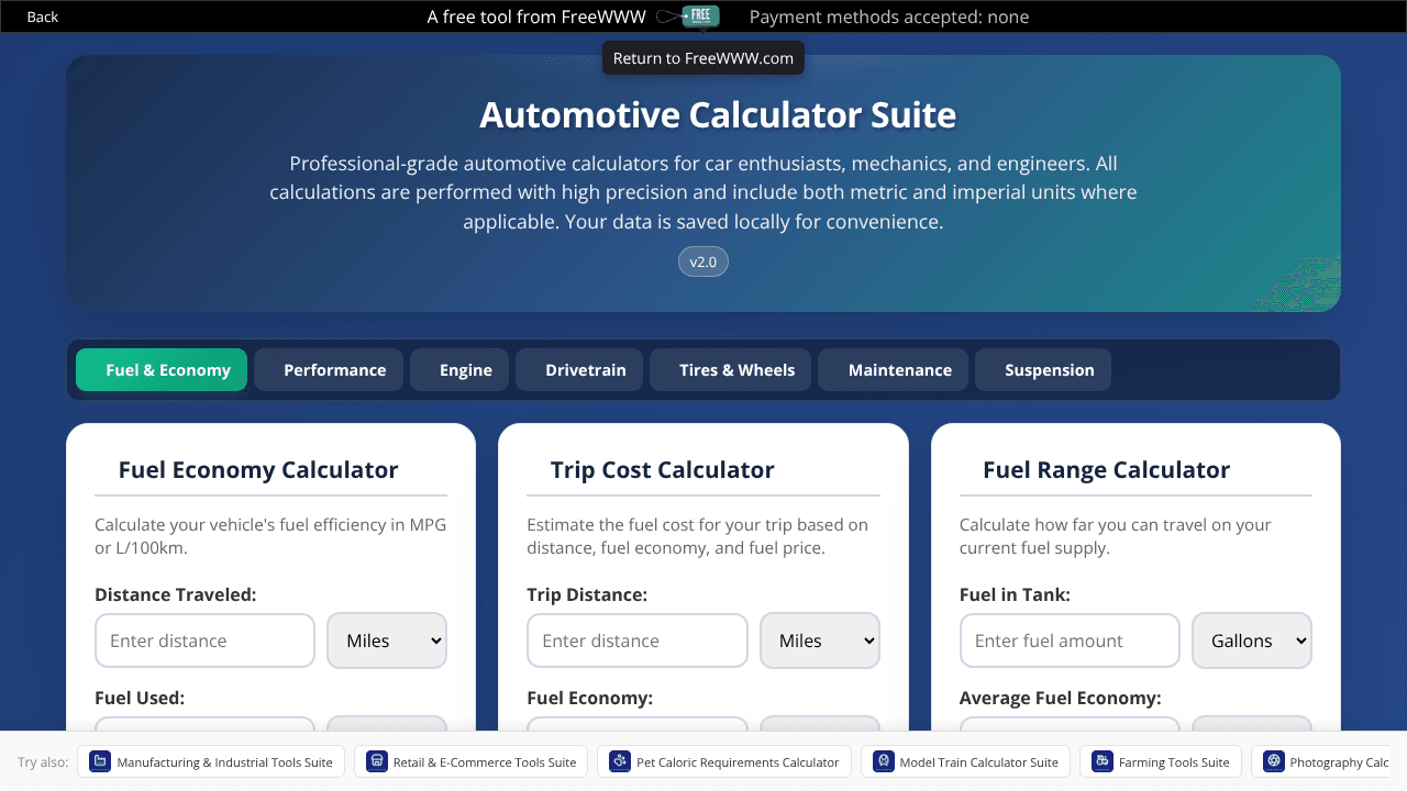 FreeWWW Automotive Calculator Suite