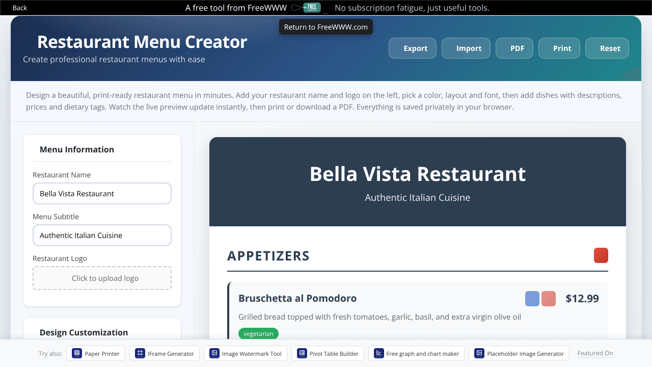 FreeWWW Restaurant Menu Creator