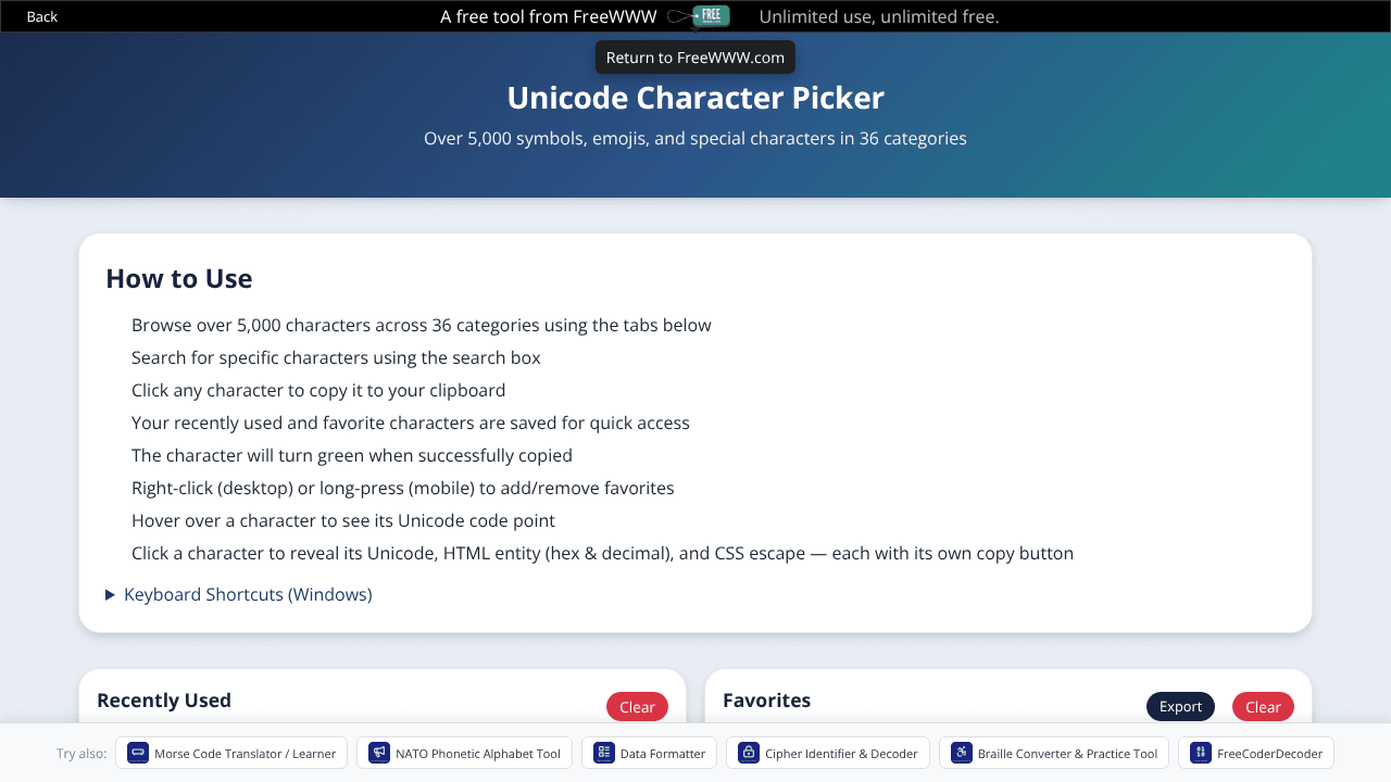 FreeWWW Unicode Character Picker