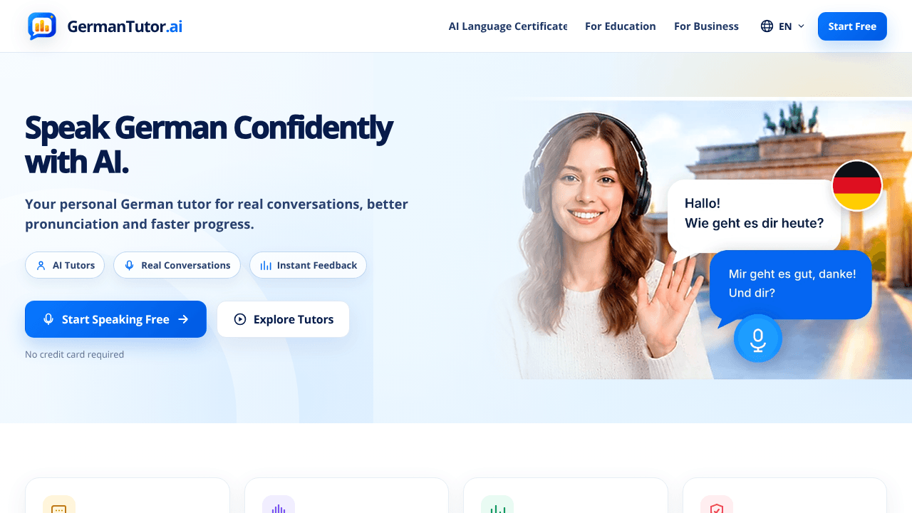 GermanTutor.ai - free AI German tutor website screenshot