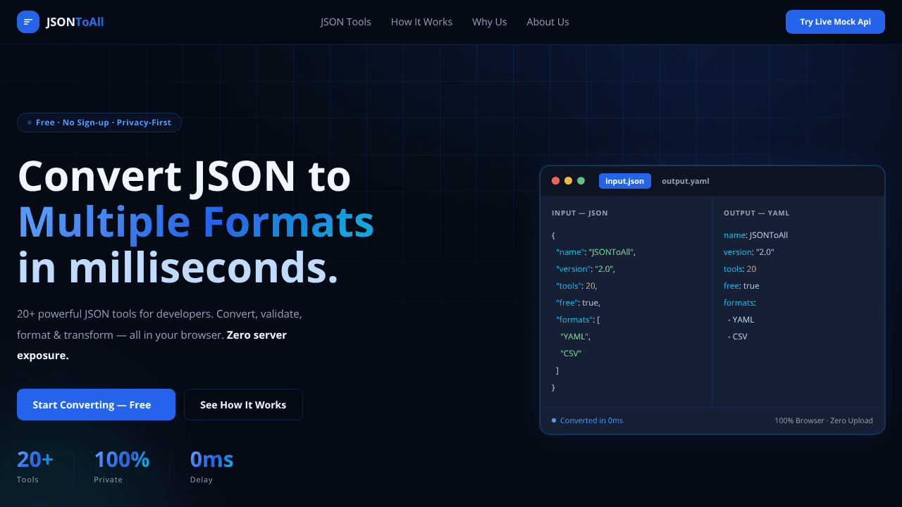 jsontoall.tools website screenshot
