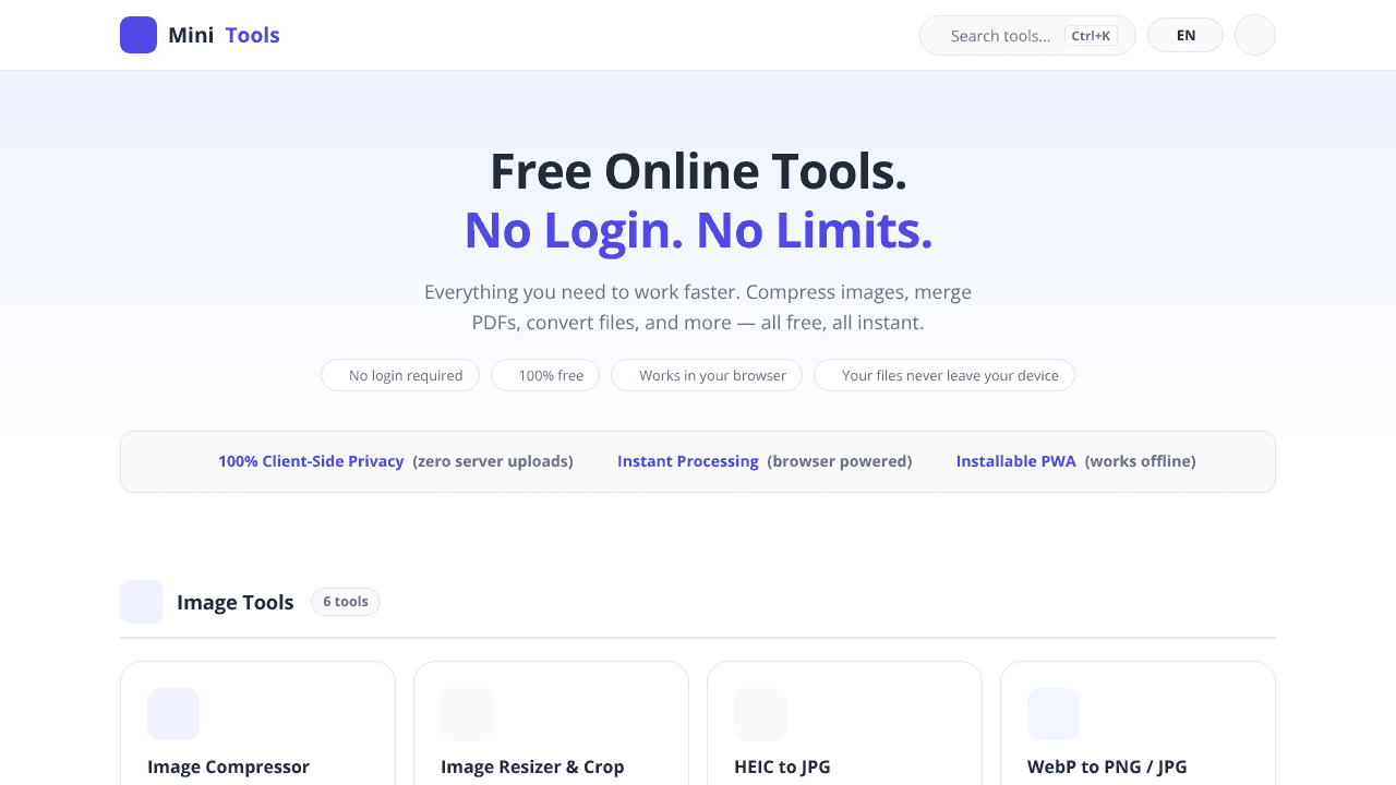 MiniTools — Free Online Tools. website screenshot
