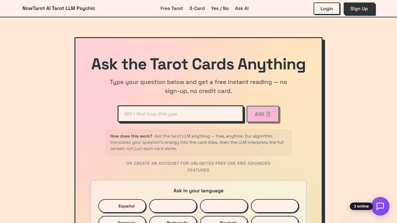 NowTarot: AI Tarot Chat LLM Reader. Free