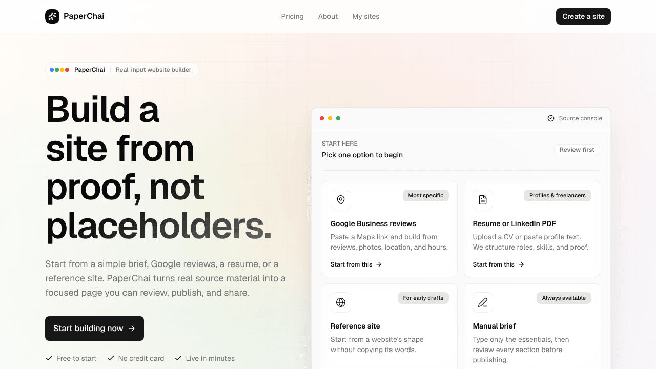 PaperChai — Your site, generated from AI