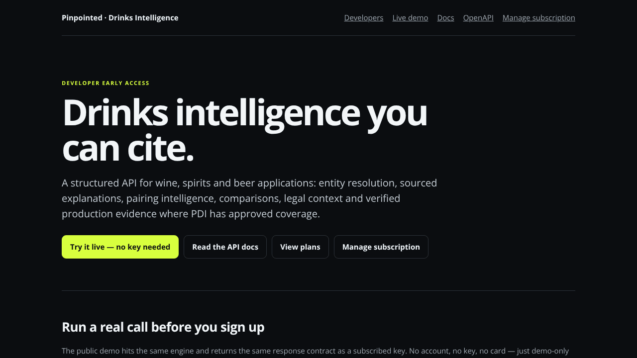 Pinpointed Drinks Intelligence API website screenshot