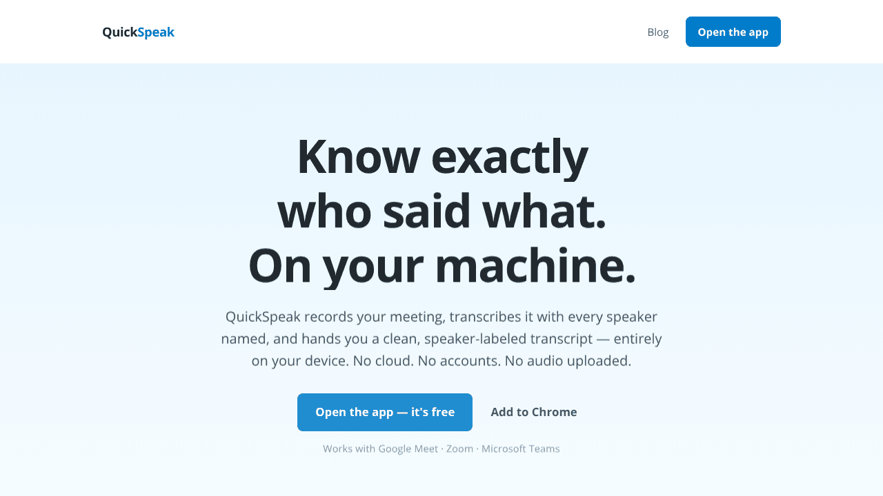QuickSpeak - Local meeting transcriber website screenshot