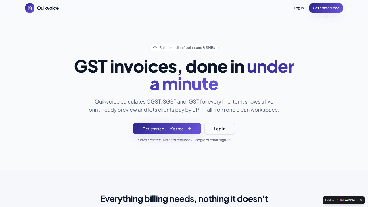 QuikVoice - AI GST Invoicing website screenshot