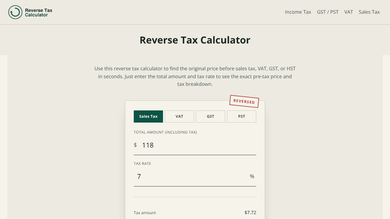 Reverse Tax Calculator