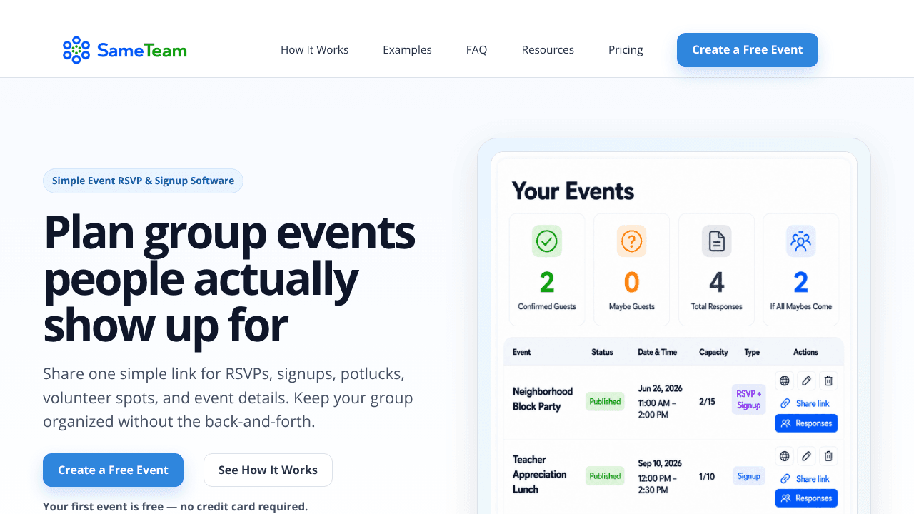 SameTeam Events website screenshot