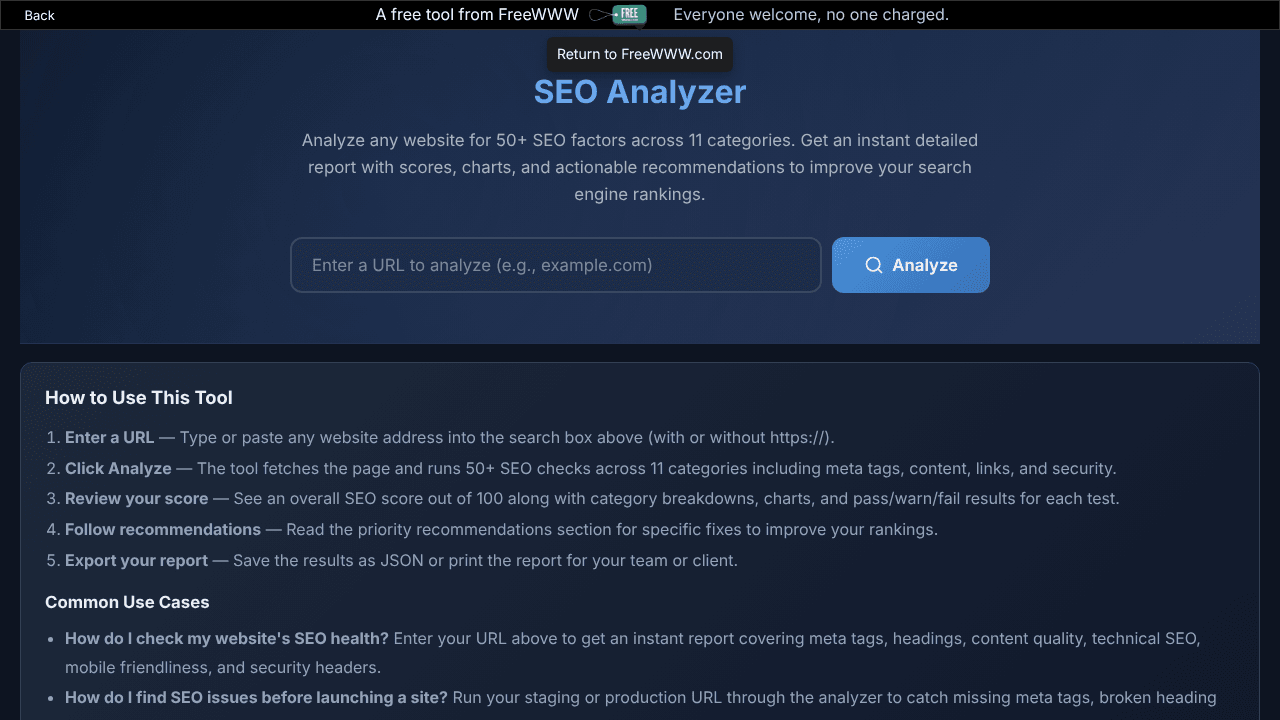 SEO Analyzer on Freewww