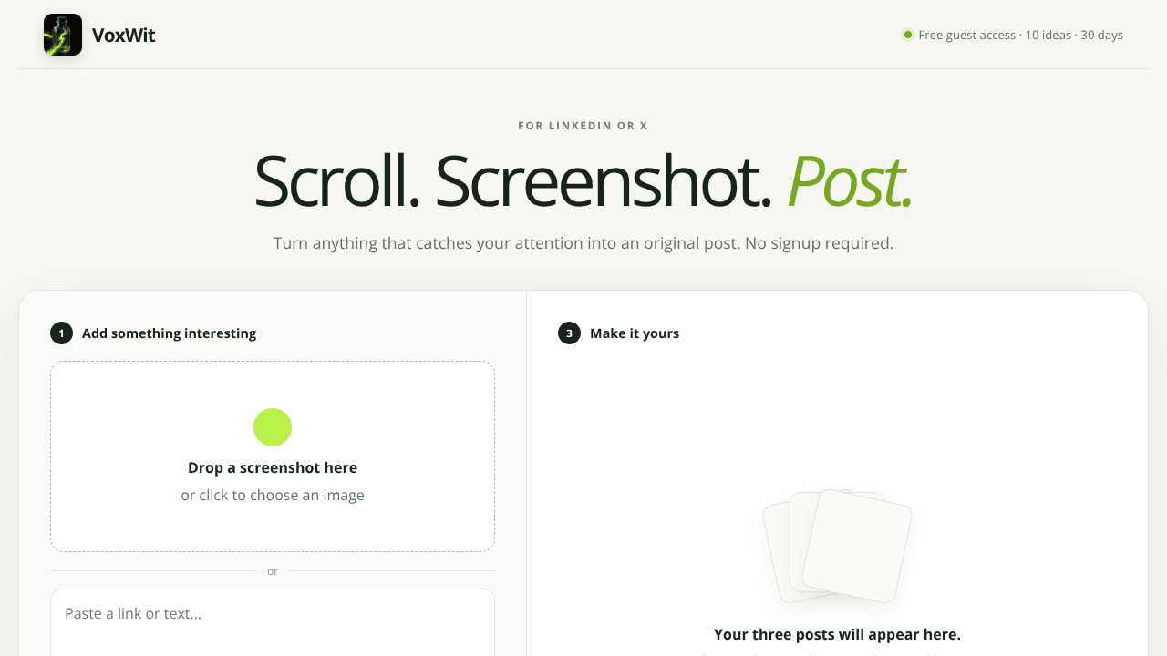 VoxWit — Scroll. Screenshot. Post.